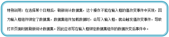 圆角矩形: 特别说明:在选择某个日期后,刷新统计数据集,这个操作不能在输入框的值改变事件中实现,因为输入框组件绑定了数据集,数据集组件加载数据时,会写入输入框,就会触发值改变事件,导致打开页面时就刷新统计数据集。因此应该写在输入框绑定数据集组件的数据改变后事件中。
