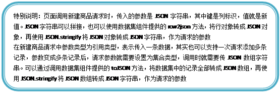 圆角矩形: 特别说明:页面调用新建商品请求时,传入的参数是JSON字符串,其中键是列标识,值就是新值。JSON字符串可以拼接,也可以使用数据集组件提供的row2json方法,将行对象转成JSON对象,再使用JSON.stringify将JSON对象转成JSON字符串,作为请求的参数
在新建商品请求中参数类型为引用类型,表示传入一条数据,其实也可以支持一次请求添加多条记录,参数变成多条记录后,请求参数就需要设置为集合类型,调用时就需要传JSON数组字符串。可以通过调用数据集组件提供的toJSON方法,将数据集中的记录全部转成JSON数组,再使用JSON.stringify将JSON数组转成JSON字符串,作为请求的参数